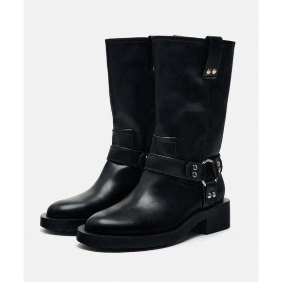 ZARA NEW BLACK BIKER BOOTS MID-CALF SIZE US 6.5 EUR 37 REF 2179/310